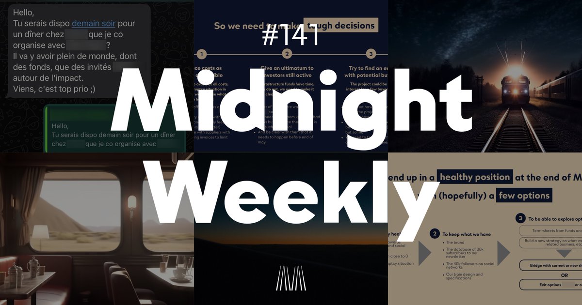 MidnightRails's tweet image. En attendant de vous accueillir à bord, chaque vendredi à minuit pile 🕛, on vous emmène au cœur de notre aventure entrepreneuriale 🛤️.

Pour rejoindre nos 35,000 abonné(e)s dans ce voyage dont le départ s&apos;effectue chaque vendredi à minuit pile ➡ midnight-trains.com/newsletter 📬 🚃 🌔
