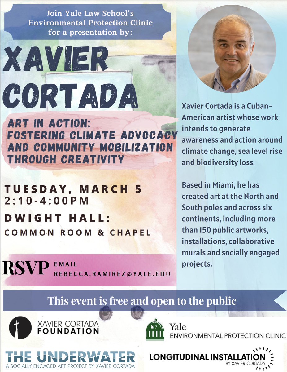 xcortada's tweet image. Join Yale Law School's Environmental Protection Clinic on Tues, March 5 from 2:10-4:00 pm @ Dwight Hall Common Room &amp;amp; Chapel for a lecture and interactive performance by eco-artist Xavier Cortada.
@YaleLawSch @Yale  @YaleClimateComm @YaleE360 #climateart #socialpractice #art #law