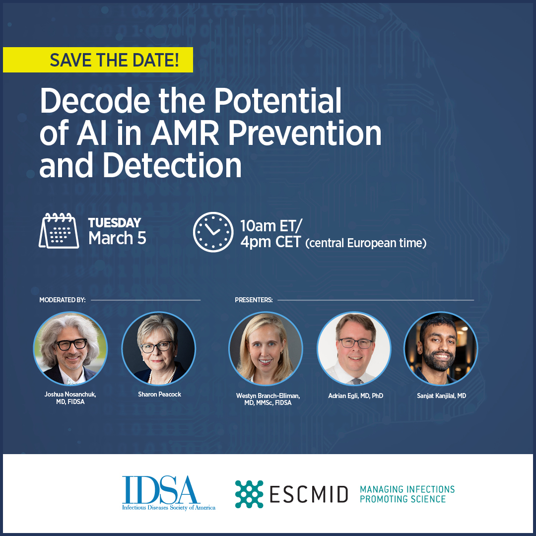 Don't forget to register for the FREE upcoming joint IDSA and ESCMID webinar 'Decode the Potential of AI in #AMR Prevention and Detection” taking place March 5th at 4pm CET! Our speakers will explore the innovative topic of #AI and AMR. ow.ly/HgAA50QH1GZ