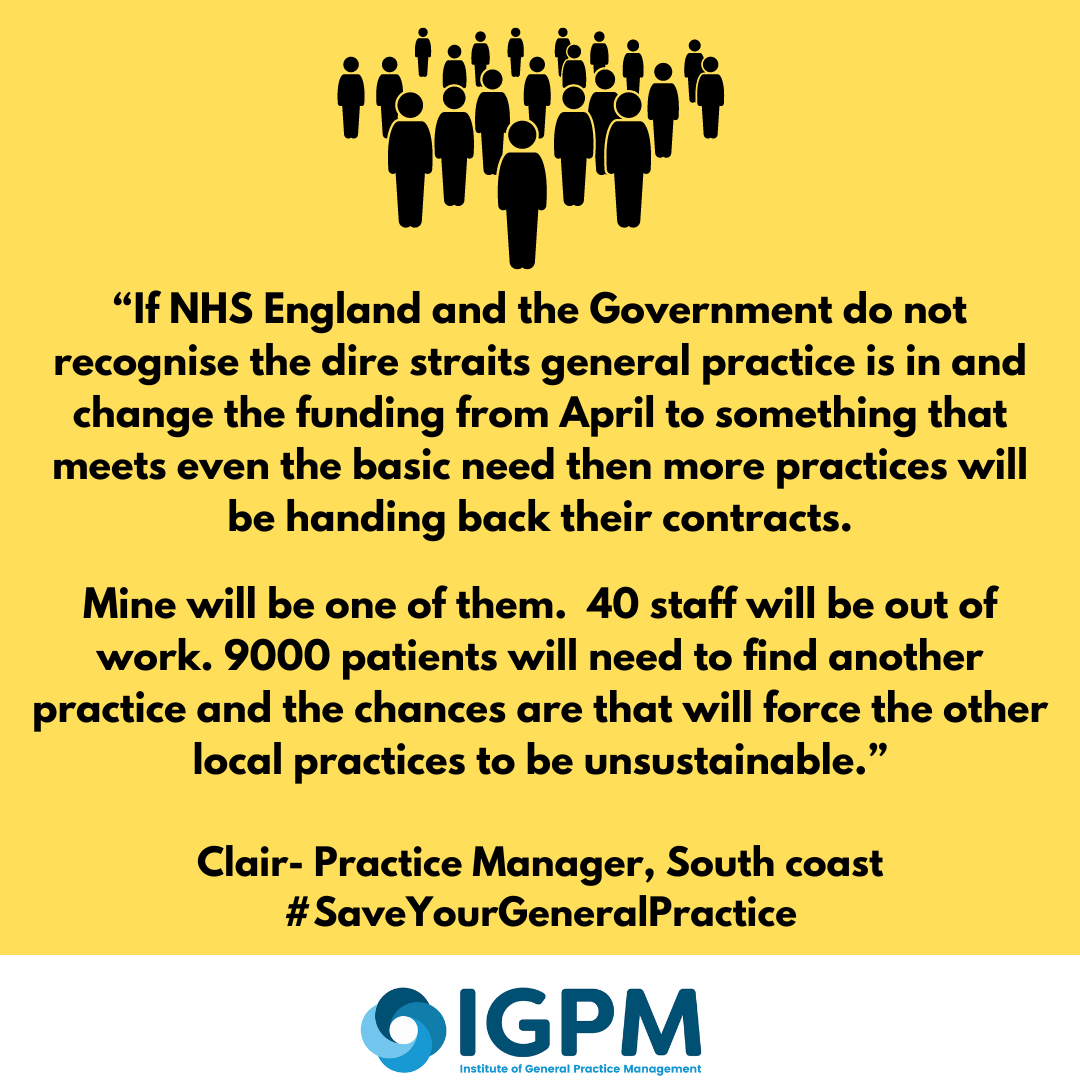 TheIGPM's tweet image. How will 9,000 patients find a new practice when spiraling costs mean that #GP&apos;s need to hand back their contracts?

#SaveYourGeneralPractice by contacting your #MP and asking them to fund your surgery at the level that is needed in 2024