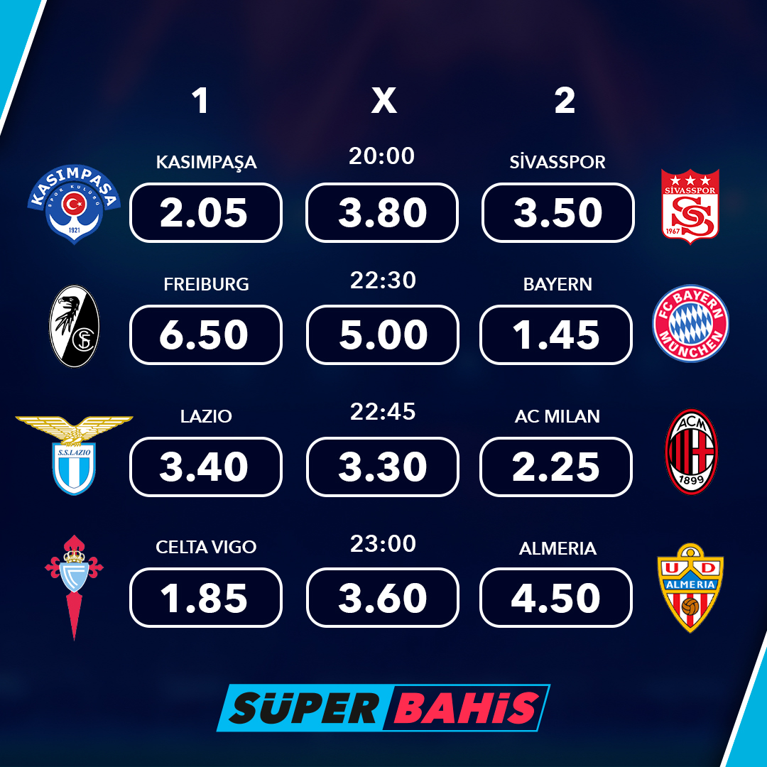 🔹 SüperBahis’te günün maçları! #LazioMilan 

Kasımpaşa ⚔️ Sivasspor
Freiburg ⚔️ Bayern
Lazio ⚔️ AC Milan
Celta Vigo ⚔️ Almeria

📲 Güncel giriş için —&gt; ow.ly/YFoW50QJR13