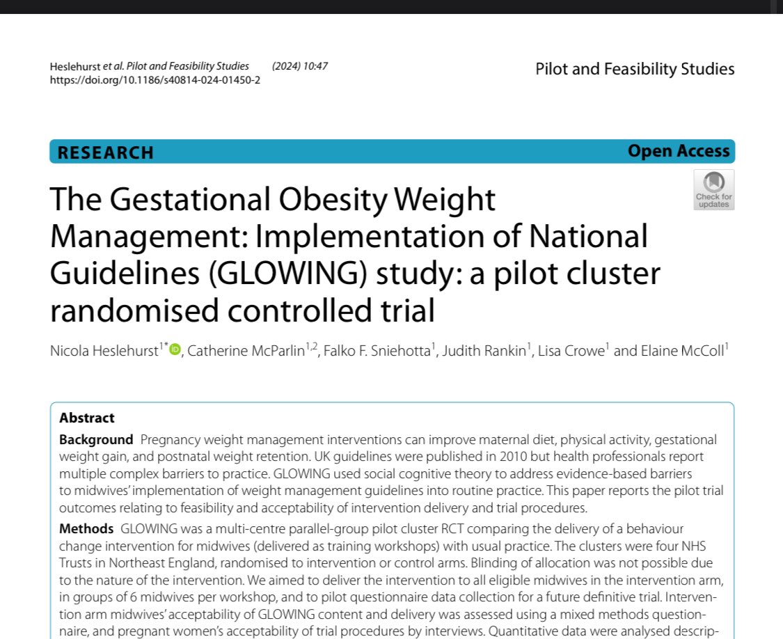 pilot study demonstrating the feasibility and acceptability of a behaviour change intervention in midwives, to support the implementation of weight management guidelines into routine practice #GLOWINGtrial #feasibilitystudy #publishingresearchfindings …tfeasibilitystudies.biomedcentral.com/counter/pdf/10…