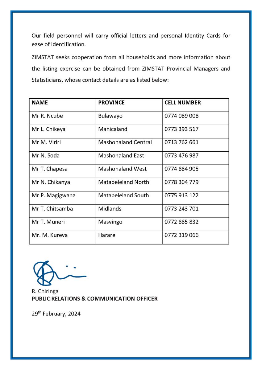 Quarterly Labour-force Survey Listing exercise now underway...#QLFS! @ZBCNewsonline @ZTNPrime @3KtvZim @nrtvzimbabwe @HeraldZimbabwe @ChronicleZim @ManicaPostZim @NewZiana @DailyNewsZim @newswireZW @capitalkfm @StarFMNews @khulumanifm @984News1 @FingazLive @ZiFMNews @ETimesZw