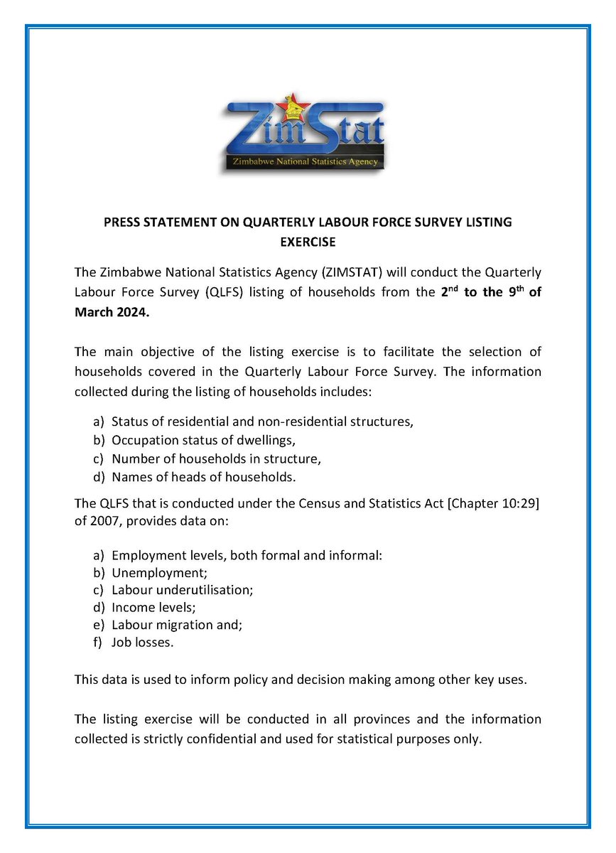 zimstat's tweet photo. Quarterly Labour-force Survey Listing exercise now underway...#QLFS! @ZBCNewsonline @ZTNPrime @3KtvZim @nrtvzimbabwe @HeraldZimbabwe @ChronicleZim @ManicaPostZim @NewZiana @DailyNewsZim @newswireZW @capitalkfm @StarFMNews @khulumanifm @984News1 @FingazLive @ZiFMNews @ETimesZw https://t.co/qo68oSCsO5