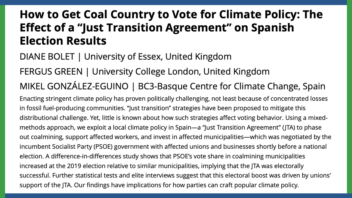 Exploiting a policy in Spain that phases out coal mining while supporting affected workers, @dianebolet, @fergusgreen, & Mikel González-Eguino demonstrate how carefully crafted climate policy affects electoral outcomes. #APSRFirstView ow.ly/Lyna50QGSSB