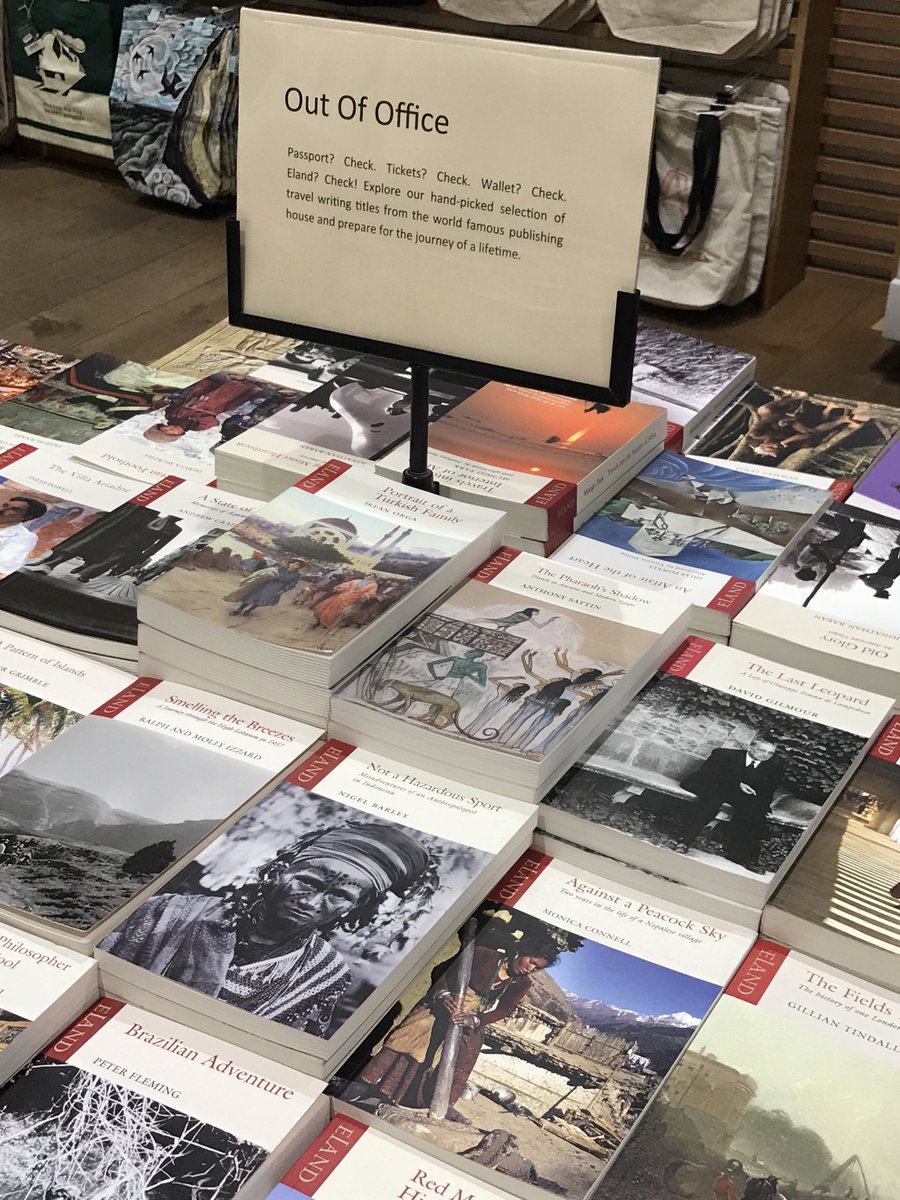 ElandPublishing's tweet photo. OUT OF OFFICE  ‘Passport? Check. Tickets? Check. Wallet? Check. Eland? Check! Explore our hand-picked selection of travel writing titles from the world famous  publishing house &amp; prepare for the journey of a lifetime.’  We loved this @WaterstonesPicc - Thank You! @PGUK_Books https://t.co/bNAIkGLOzP