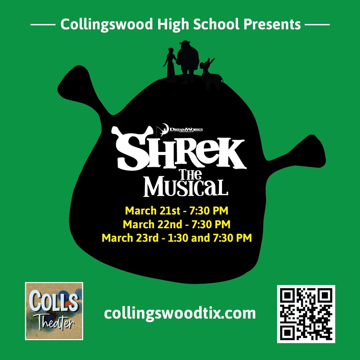 📣TICKETS ON SALE NOW!📣

Join us on March 21, 22, and 23 for Collingswood High School's production of SHREK THE MUSICAL!

This show has reserved seating - purchase your tickets online at collingswoodtix.com to choose your preferred seat.