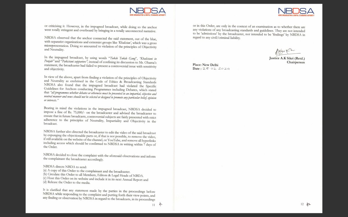 LiveLawIndia's tweet photo. News Broadcasting and Digital Standards Authority (NBDSA) penalises @aajtak for a show of @sudhirchaudhary using words like "Tukde Tukde Gang", "Khalistani in Punjab", "Pakistani Supporters" while discussing Obama's comments on India.

NBDSA says the anchor violated objectivity and neutrality. 

Fine of Rs 75K imposed and channel asked to either expunge the objectionable remarks or remove the video totally.

Order passed on a complaint filed by Utkarsh Mishra