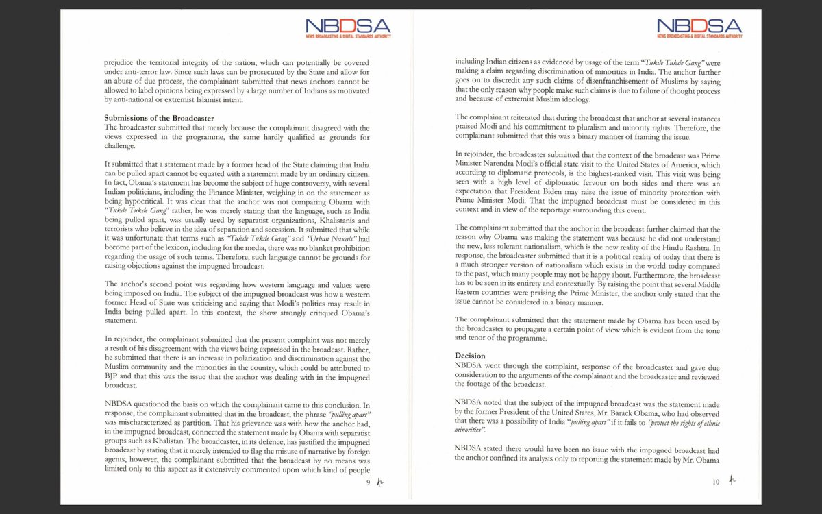 LiveLawIndia's tweet photo. News Broadcasting and Digital Standards Authority (NBDSA) penalises @aajtak for a show of @sudhirchaudhary using words like "Tukde Tukde Gang", "Khalistani in Punjab", "Pakistani Supporters" while discussing Obama's comments on India.

NBDSA says the anchor violated objectivity and neutrality. 

Fine of Rs 75K imposed and channel asked to either expunge the objectionable remarks or remove the video totally.

Order passed on a complaint filed by Utkarsh Mishra