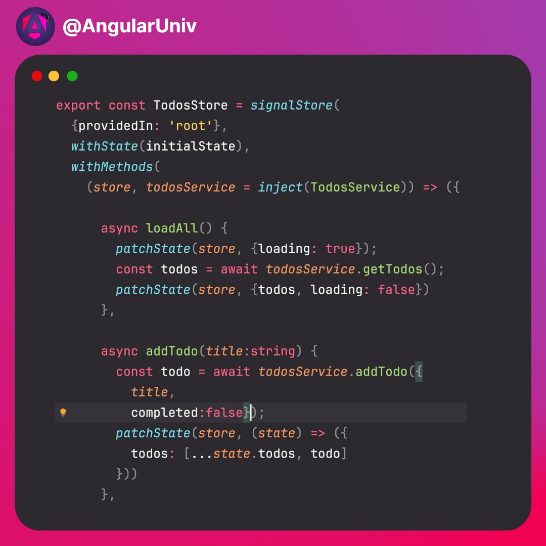 AngularUniv's tweet photo. The future of Angular is starting to look like: Signals, no RxJs (or much less), async / await, and ... NgRx Signal Store by @ngrx_io, which is going to play a crucial role in the signals era. A lot of signal-based Angular apps will likely use it. Agree or not, and why? 
👇 https://t.co/3U3i6VDQYe