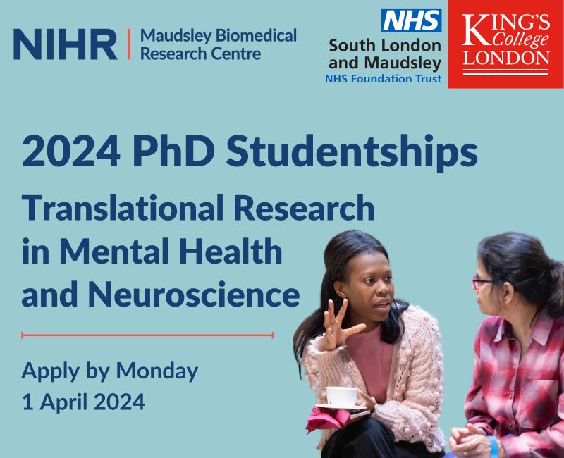 @NIHRMaudsleyBRC is offering a range of #PhD Studentships in Translational Research in #MentalHealth and #Neuroscience, in partnership with @KingsIoPPN. People with lived experience of using mental health services are encouraged to apply. Find out more ➡️ lnkd.in/eTcwX2GC