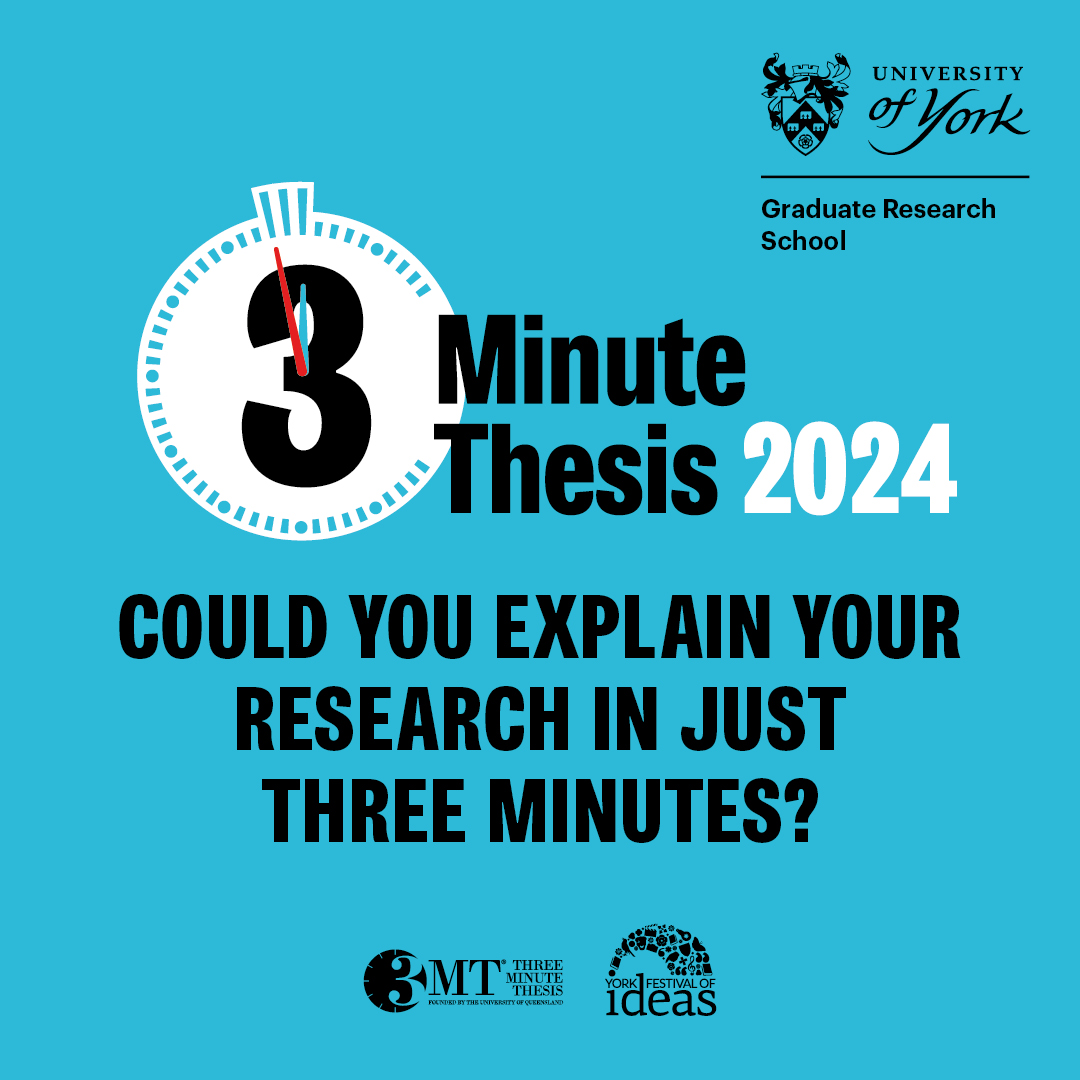 UoY PhD researchers! Think you can summarise your thesis in just 3 minutes?! 🎉Applications are open NOW for the @UniOfYork 3 Minute Thesis 2024 competition!🎉 Deadline 02 April 2024 For more information, Terms & Conditions and details on how to apply - bit.ly/york3mt
