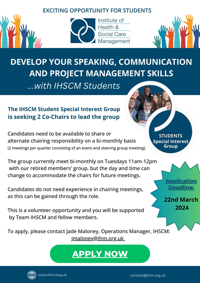 📣We have an exciting new opportunity for Students!📣 Would you like to co-chair our Students Special Interest Group? No experience necessary. Email; jmaloney@ihm.org.uk @Arden_Uni @UniSouthWales @NHSGradScheme @University of Wales Trinity Saint David @UWTSD