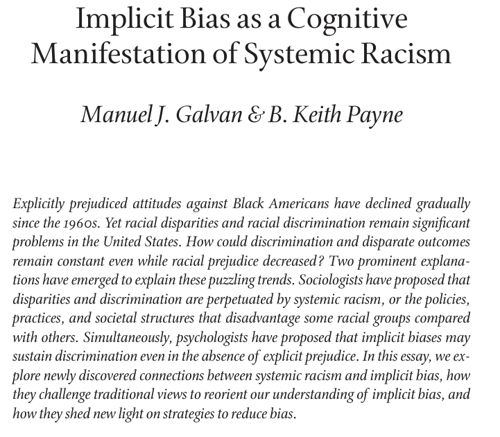 New first author paper written with @bkeithpayne, 'Implicit Bias as a Cognitive Manifestation of Systemic Racism' Link: amacad.org/sites/default/… A summarizing thread below ->