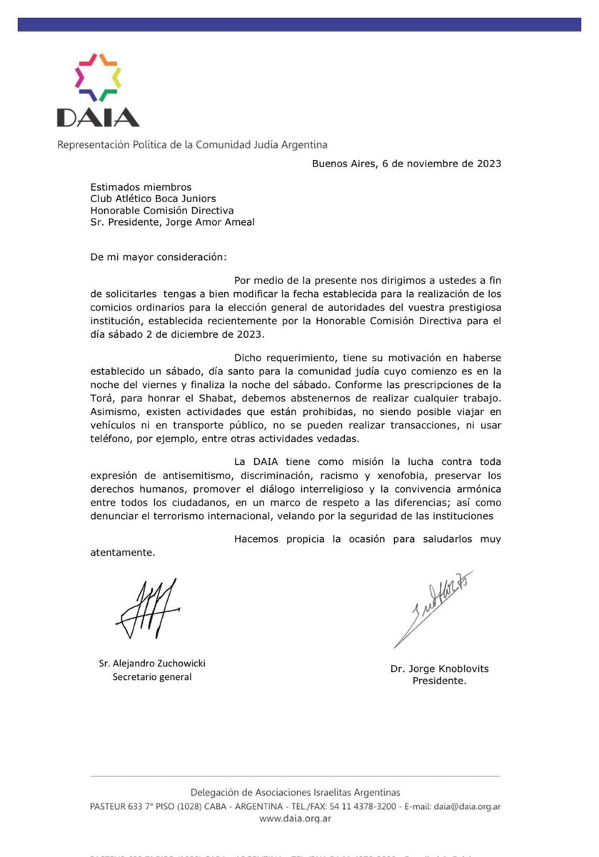En 2023 <a href="/DAIAArgentina/">DAIA</a> envío un carta solicitando el traspaso de las elecciones de Boca por hacerse en horario de Shabat .

Hoy <a href="/JMilei/">Javier Milei</a> hace la apertura de las sesiones ordinarias a las 21:00 hs, en pleno Shabat.

Está todo más que claro:
Con Boca si
Con Milei no.