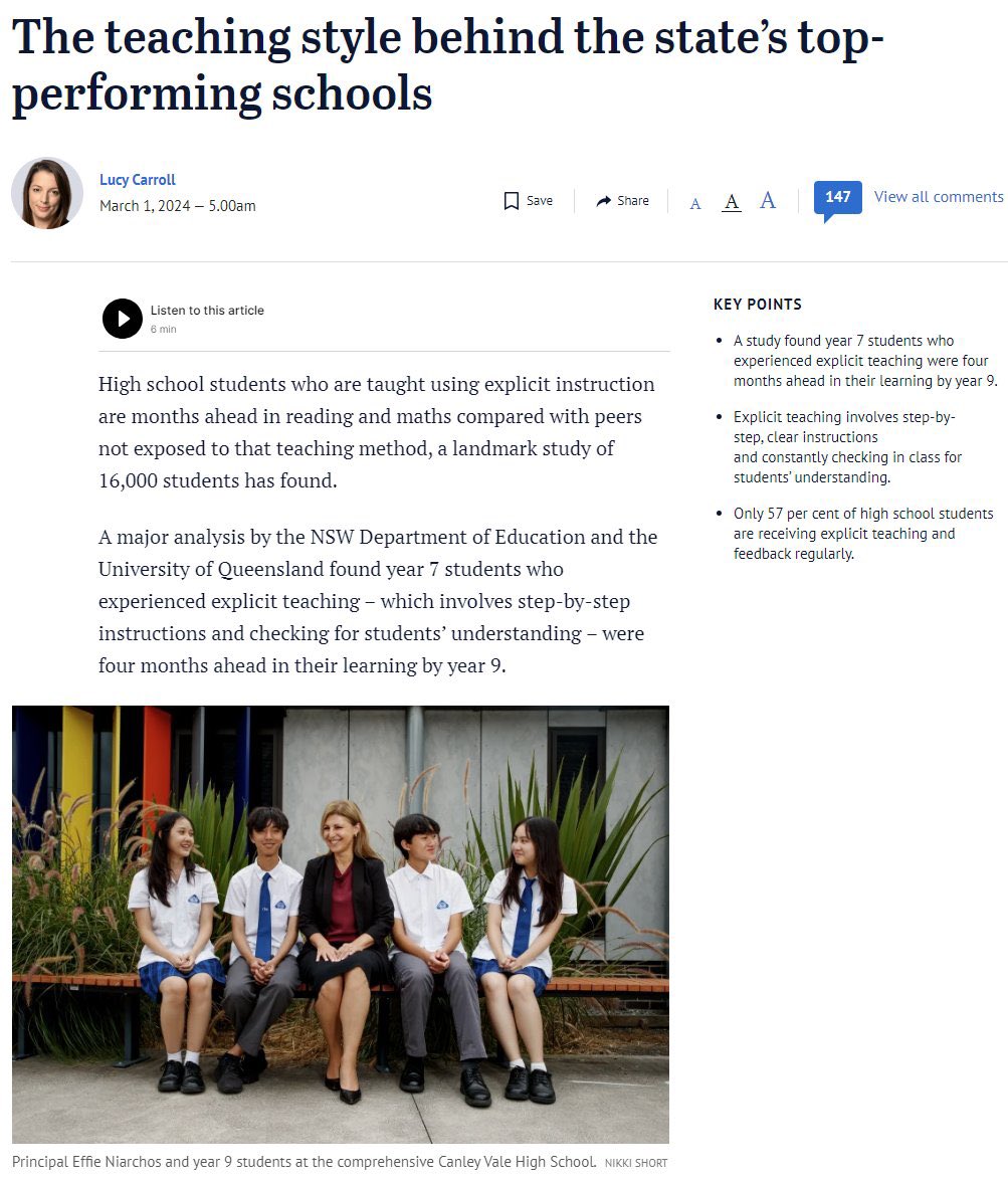 Explicit teaching accelerates student learning. Year 7 students who experience explicit teaching in high school are on average 4 months ahead in reading &amp; maths learning by Year 9. Great to see <a href="/CanleyValeHS/">Canley Vale High School</a> featured in the <a href="/smh/">The Sydney Morning Herald</a> article by <a href="/lucy_carroll/">Lucy Carroll</a>. smh.com.au/national/nsw/t…