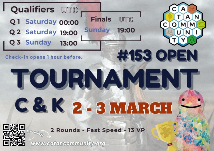 Catan_Community's tweet photo. 🎉 Exciting news! Our 153rd CK Open is here! 🌟
Qualifiers run Sat + Sun, 
with Finals on Sunday at 19:00 UTC. Join our Discord for more info and registration: [https://t.co/g1vsgmO01I] Don't miss out on the action! #CKOpen #catan #boardgames https://t.co/FT1I3h0OF2