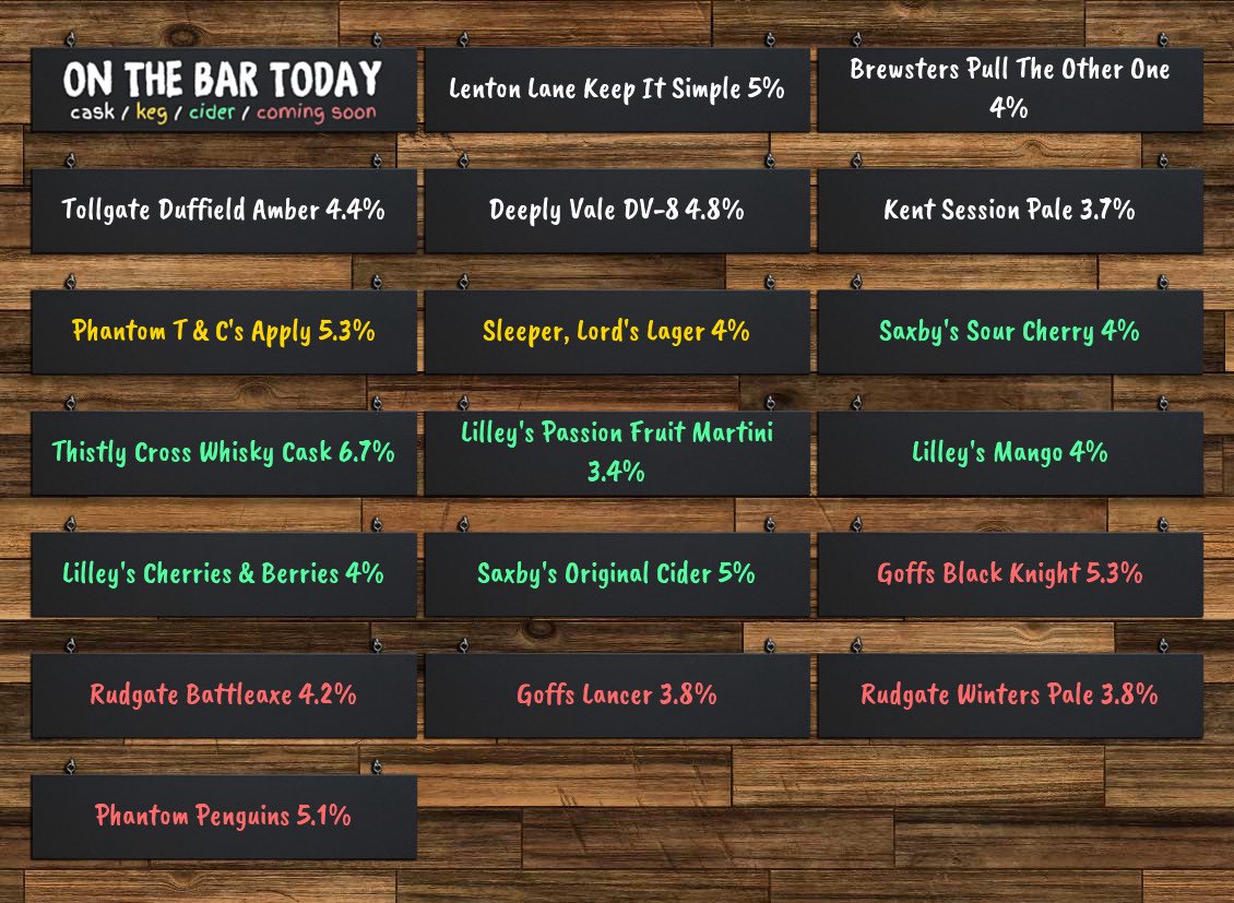 Beer Under The Clock (@beer_under) on Twitter photo On the bar today!
Beer Board: bit.ly/3n1eNM2
<a href="/lentonlane/">Lenton Lane Brewery</a> @brewstersbrew <a href="/TollgateBrewery/">Tollgate Brewery</a> <a href="/DeeplyVBrewery/">Deeply Vale Brewery</a> <a href="/kentbrewery/">Kent Brewery</a> <a href="/PhantomBrewCo/">Phantom Brewing Co</a> <a href="/lordsbrewing/">Lords Brewing Co.</a> <a href="/saxbyscider/">Saxby's Cider</a> <a href="/ThistlyCross/">Thistly Cross Cider</a> <a href="/lilleyscider/">Lilley's Cider</a>
#RealAleFinder On the bar today!
Beer Board: bit.ly/3n1eNM2
<a href="/lentonlane/">Lenton Lane Brewery</a> @brewstersbrew <a href="/TollgateBrewery/">Tollgate Brewery</a> <a href="/DeeplyVBrewery/">Deeply Vale Brewery</a> <a href="/kentbrewery/">Kent Brewery</a> <a href="/PhantomBrewCo/">Phantom Brewing Co</a> <a href="/lordsbrewing/">Lords Brewing Co.</a> <a href="/saxbyscider/">Saxby's Cider</a> <a href="/ThistlyCross/">Thistly Cross Cider</a> <a href="/lilleyscider/">Lilley's Cider</a>
#RealAleFinder