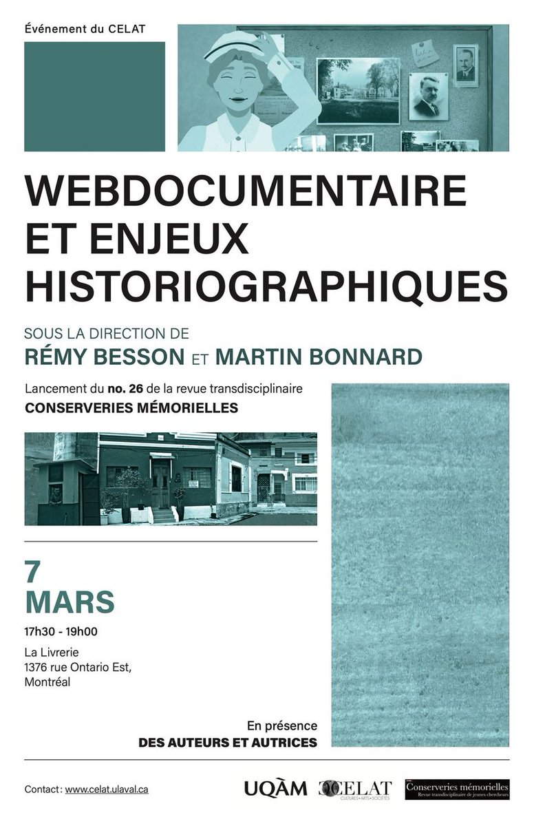 LeCELAT's tweet image. 📚 Le CELAT vous invite au lancement du 26e numéro de la revue 𝐶𝑜𝑛𝑠𝑒𝑟𝑣𝑒𝑟𝑖𝑒𝑠 𝑚𝑒́𝑚𝑜𝑟𝑖𝑒𝑙𝑙𝑒𝑠, intitulé «#Webdocumentaire et enjeux historiographiques», qui se déroulera le 7 mars dès 17h30 à La Livrerie en présence des auteur-rices!
→ tinyurl.com/2s9tnwmb