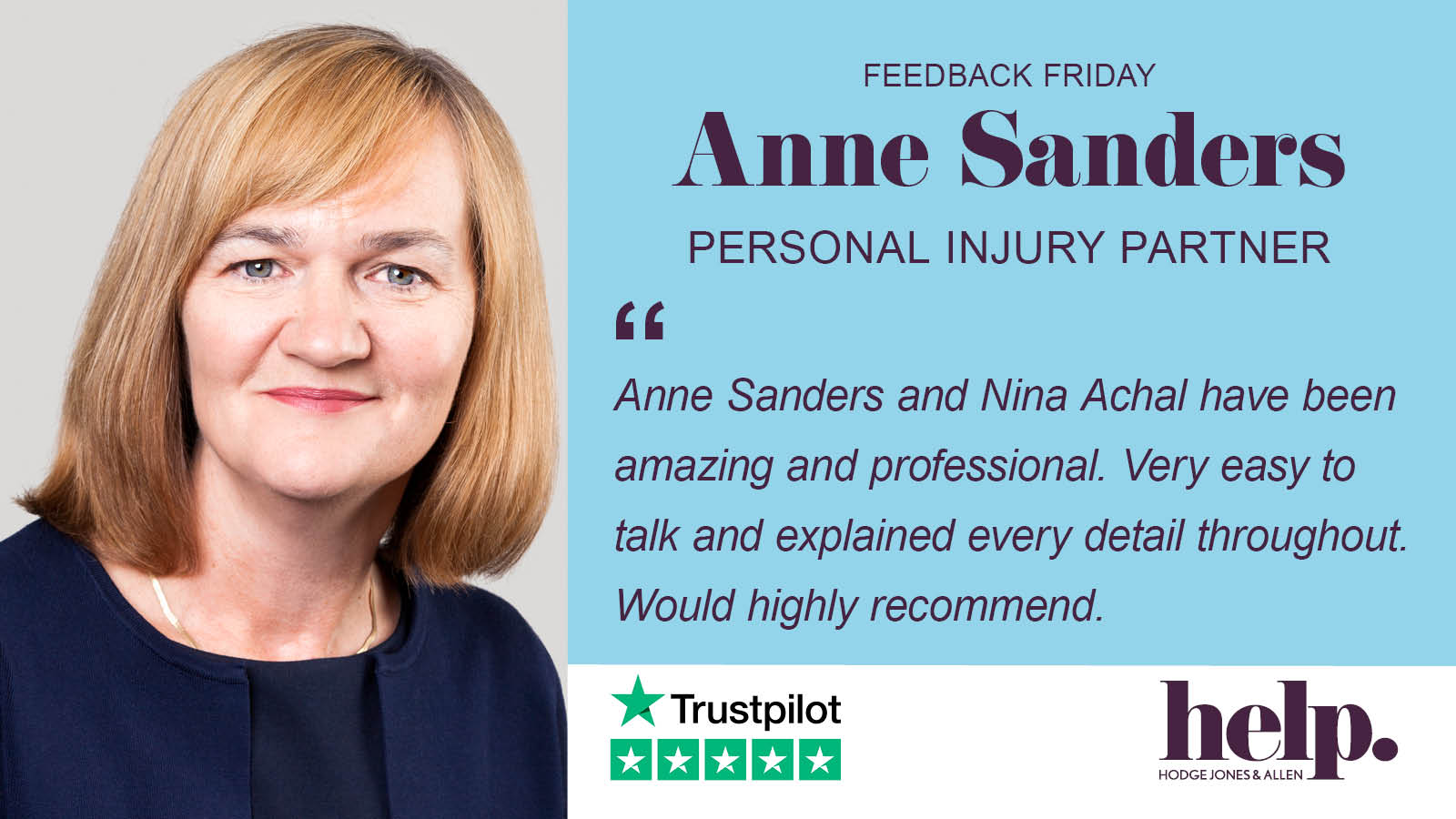 Hodge Jones & Allen on X: Todays FeedbackFriday is for @annehsanders,  Partner in our @HJAPITeam. Anne is a highly experienced personal injury  practitioner, who deals with a wide range of matters including
