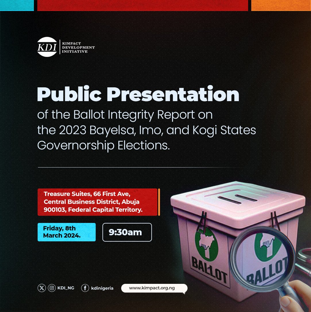 After the 2023 #Kogi_Imo_Bayelsa states governorship election, @KDI_ng, under the Ballot Integrity Project conducted statistical analysis of the results uploaded on #IReV towards improving Election Result Management processes. Join us March 8, 2024 as we present the BIP findings.