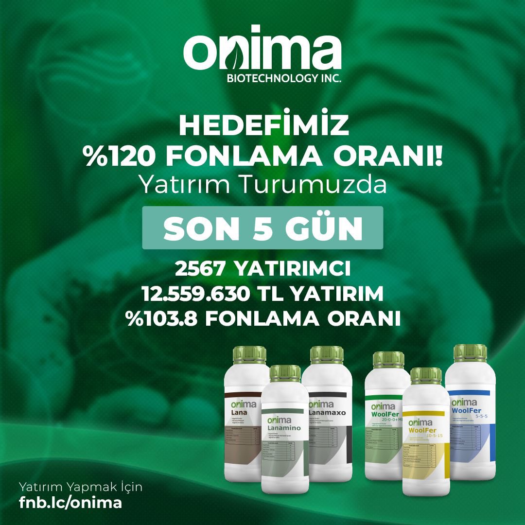 Yatırım turumuzda son 5 gün!
2567 yatırımcımızdan aldığımız 12.559.630 TL yatırım ile %103.8 fonlama oranına ulaştık. Siz de yatırım yaparak %120 hedefimize ilerlerken başarımıza ortak olabilirsiniz. 
Yatırımcımız olmak için: fnb.lc/onima
<a href="/fonbulucu/">fonbulucu</a>