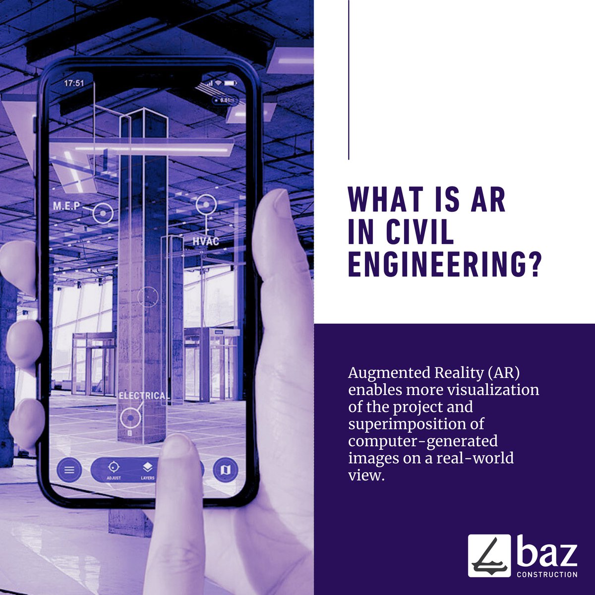 Augmented Reality (AR) enables more visualization of the project and superimposition of computer-generated images on a real-world view. 🤖

#BazConstruction #BazAcademy #CivilEngineering #build #construction #ConstructionTechnology #ConstructionTrends #inşaat #AugmentedReality