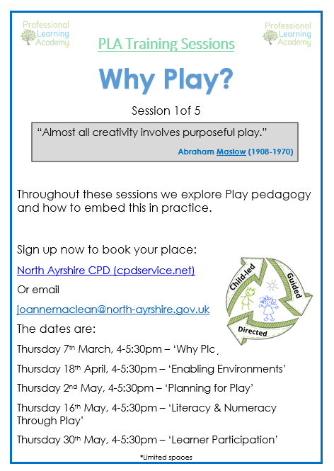 📢Re-scheduled Play Pedagogy Twilights now available to sign up through northayrshire.cpdservice.net and spaces are limited. Sign up now to secure your spot. Look forward to seeing you all on Thursday 7th for session 1!🎉 #NACPLA #PlayPedagogy