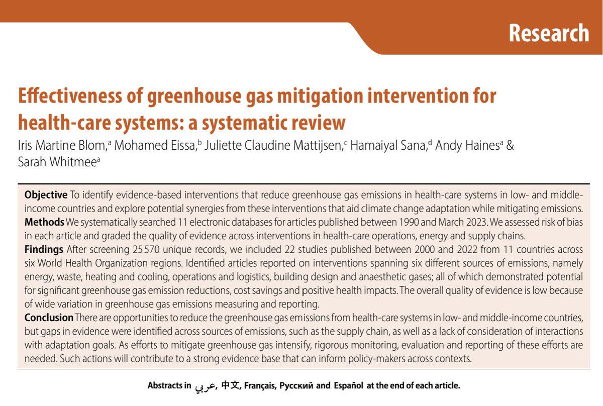 🧵[Publication Alert] Excited to share our latest work on #ClimateHealth! Our systematic review in @WHO Bulletin looks at greenhouse gas mitigation in healthcare systems in LMICs and its interaction with adaptation. 🌱💡Key findings: