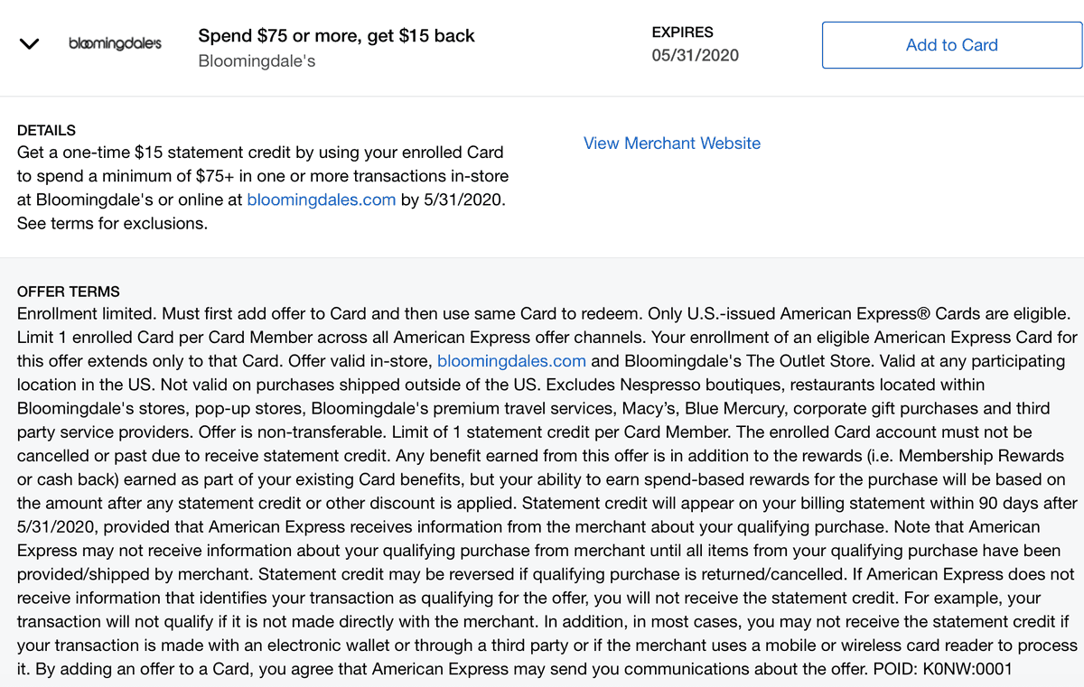 USCCStrategy's tweet photo. #AmexOffers: #Bloomingdale’s, Get $15 Back With $75 Purchase, ends 05/31/24
Activated by #CardPointers+: https://t.co/vlSjmCF4ME https://t.co/MCW6yeRhsQ