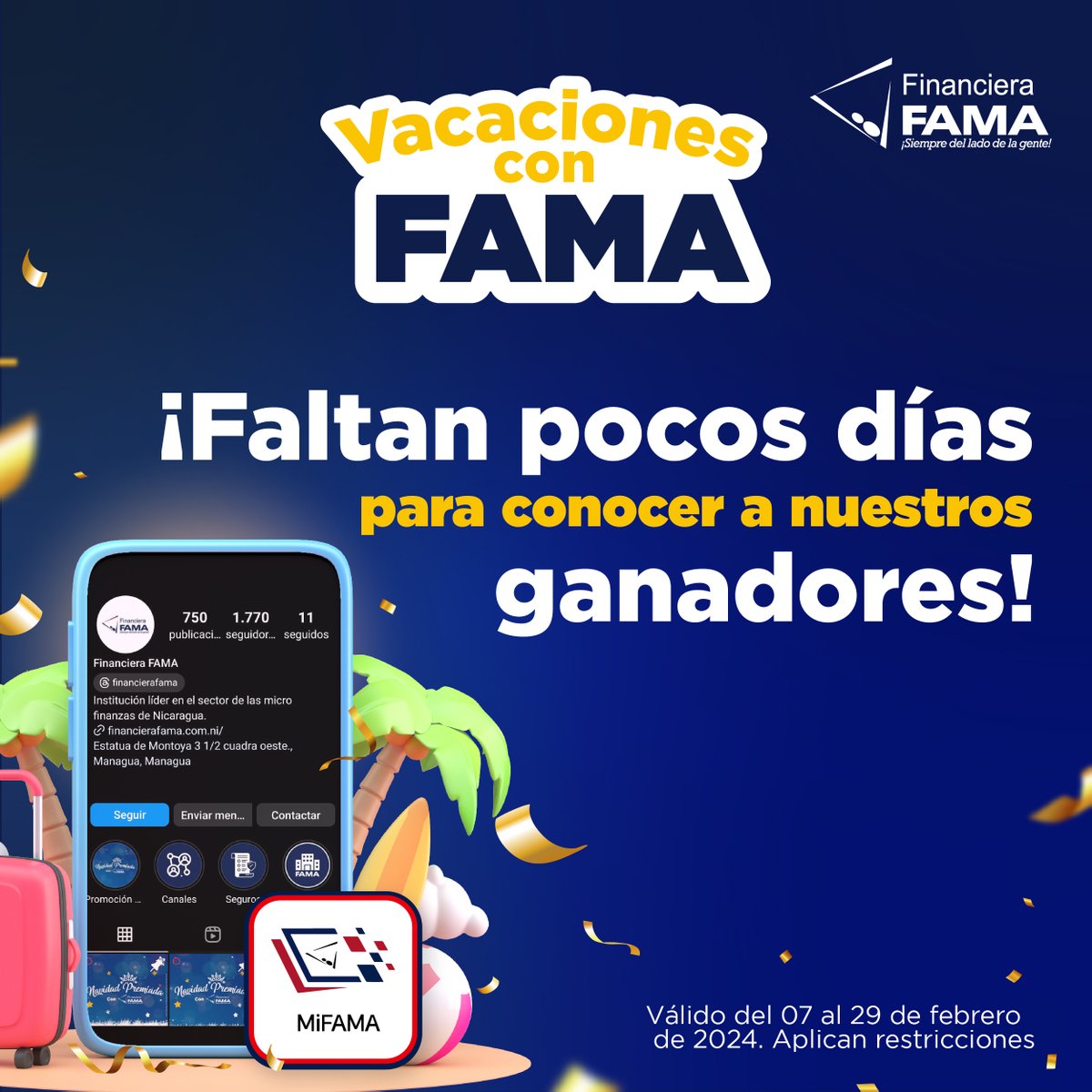 ¡Faltan pocos días!
Para conocer a nuestros ganadores de una estadía junto a un acompañante.

#FinancieraFAMA #VACACIONESCONFAMA