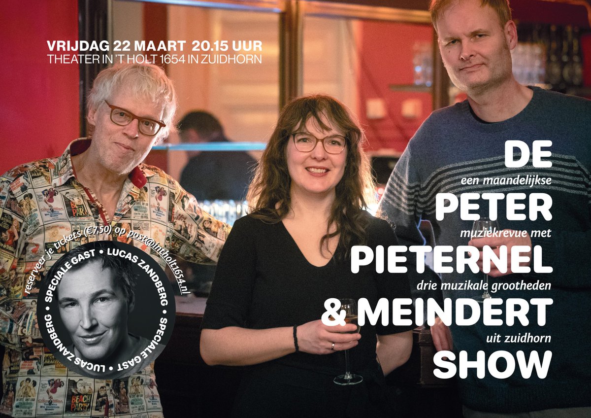 Grijp uw kans! De volgende Peter, Pieternel en Meindert show is op een vrijdag, namelijk 22 maart. Schrijver Lucas Zandberg is onze speciale gast. Thema is BLUES, van mij kunt u dit keer ook een Portugese en een Hollandsche interpretatie verwachten.