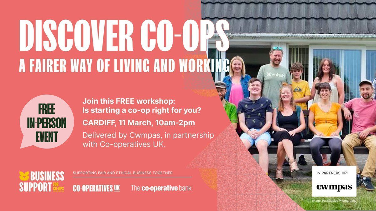 Is starting a Co-op right for you? Our series of free workshops exploring co-ops and their benefits, delivered with @CooperativesUK, kick off this month. Tickets available for workshops in Cardiff, Newtown, and Llandudno. 🎟️: buff.ly/3IjD4HE