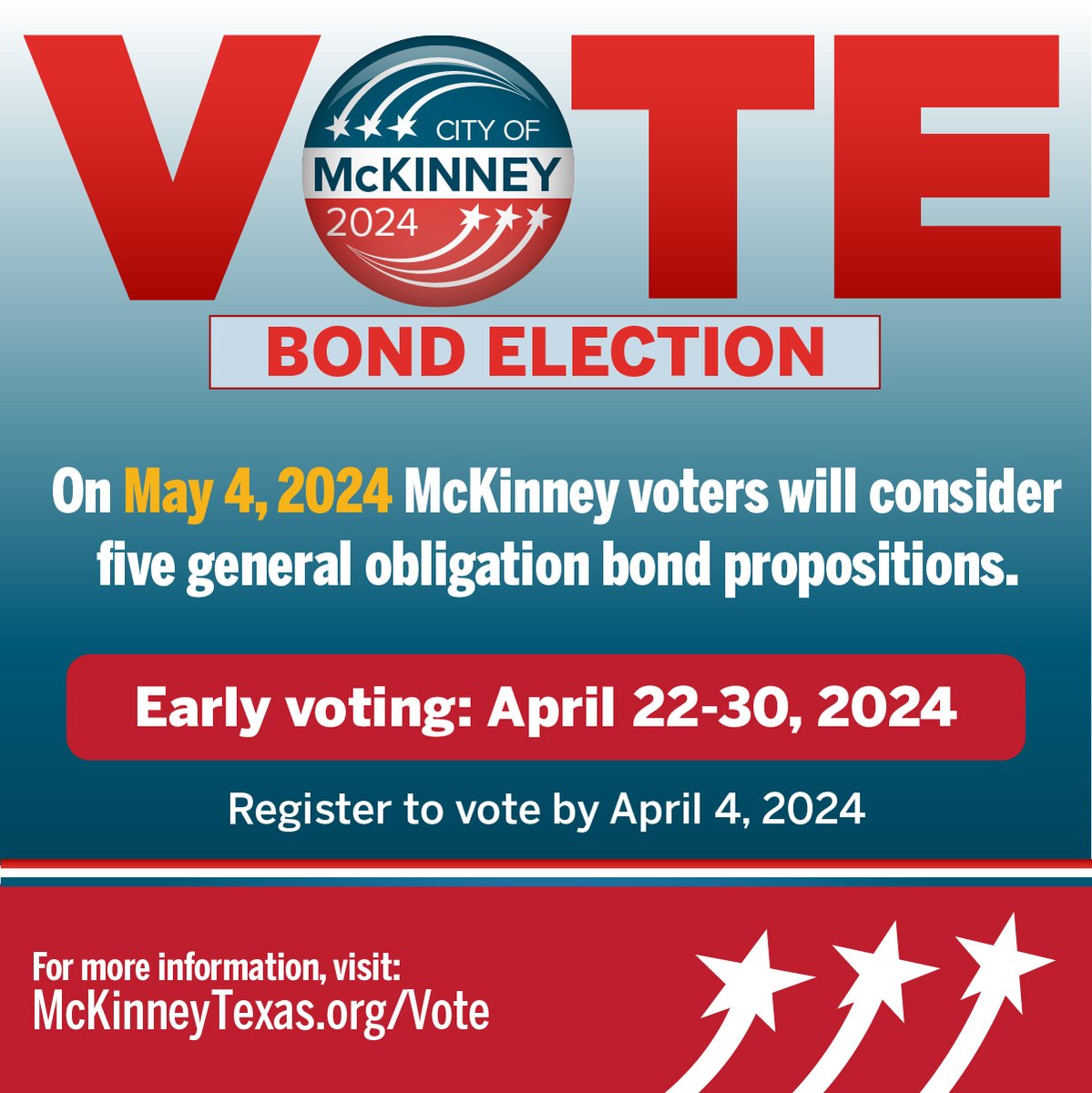 Register to vote by April 4 to be eligible to vote in the City of McKinney's May 4 election. Voter information: McKinneyTexas.org/Vote Learn more about the five general obligation bond propositions: McKinneyTexas.org/2024Bond