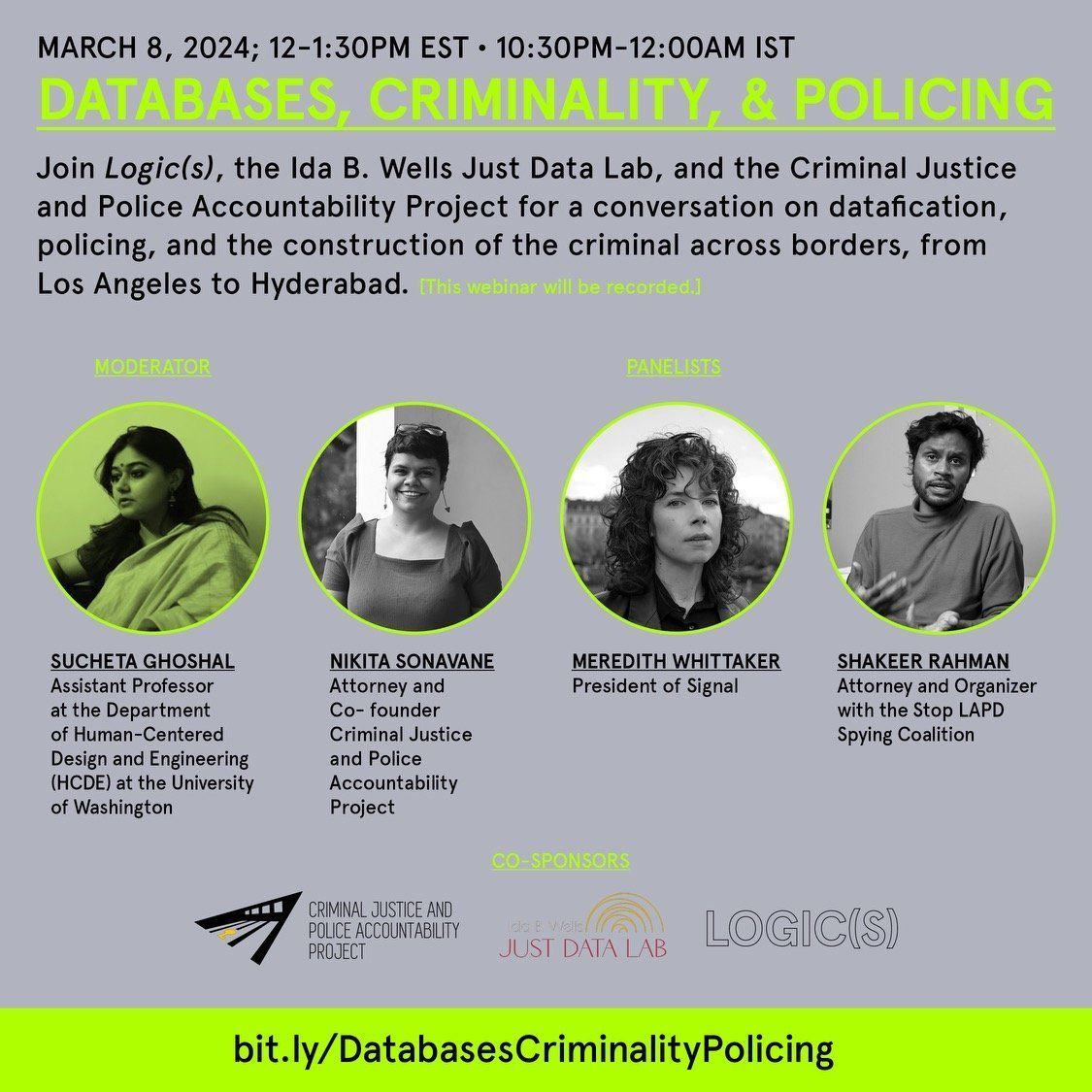 ⚖️ Interested in crime & justice data? Next week, join Ida B. Wells Just Data Lab, @logic_magazine & @CPAProjectIndia for a conversation on datafication, policing, and the construction of the criminal across borders, from LA to Hyderabad. Register here: buff.ly/48FMvMe