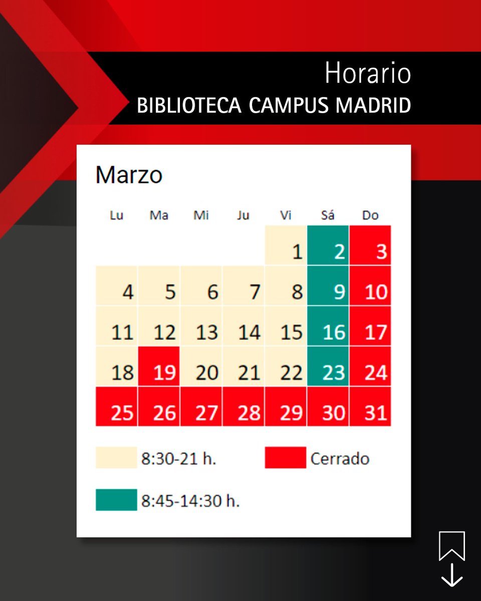 🗓️Consulta el horario de la Biblioteca del campus de Madrid @unav_exed, durante el mes de marzo.