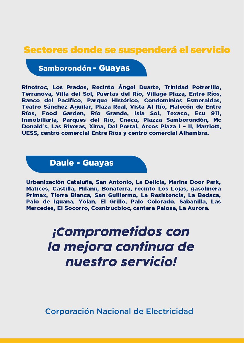 servicioscnelep's tweet photo. 👨‍🏭¡Trabajos programados mejoran el servicio! 

En varios puntos de los cantones #Samborondón y #Daule, realizaremos labores de mantenimiento, este lunes 04 de marzo.

Conoce los sectores⚡️ https://t.co/EnDkU6OWGq
