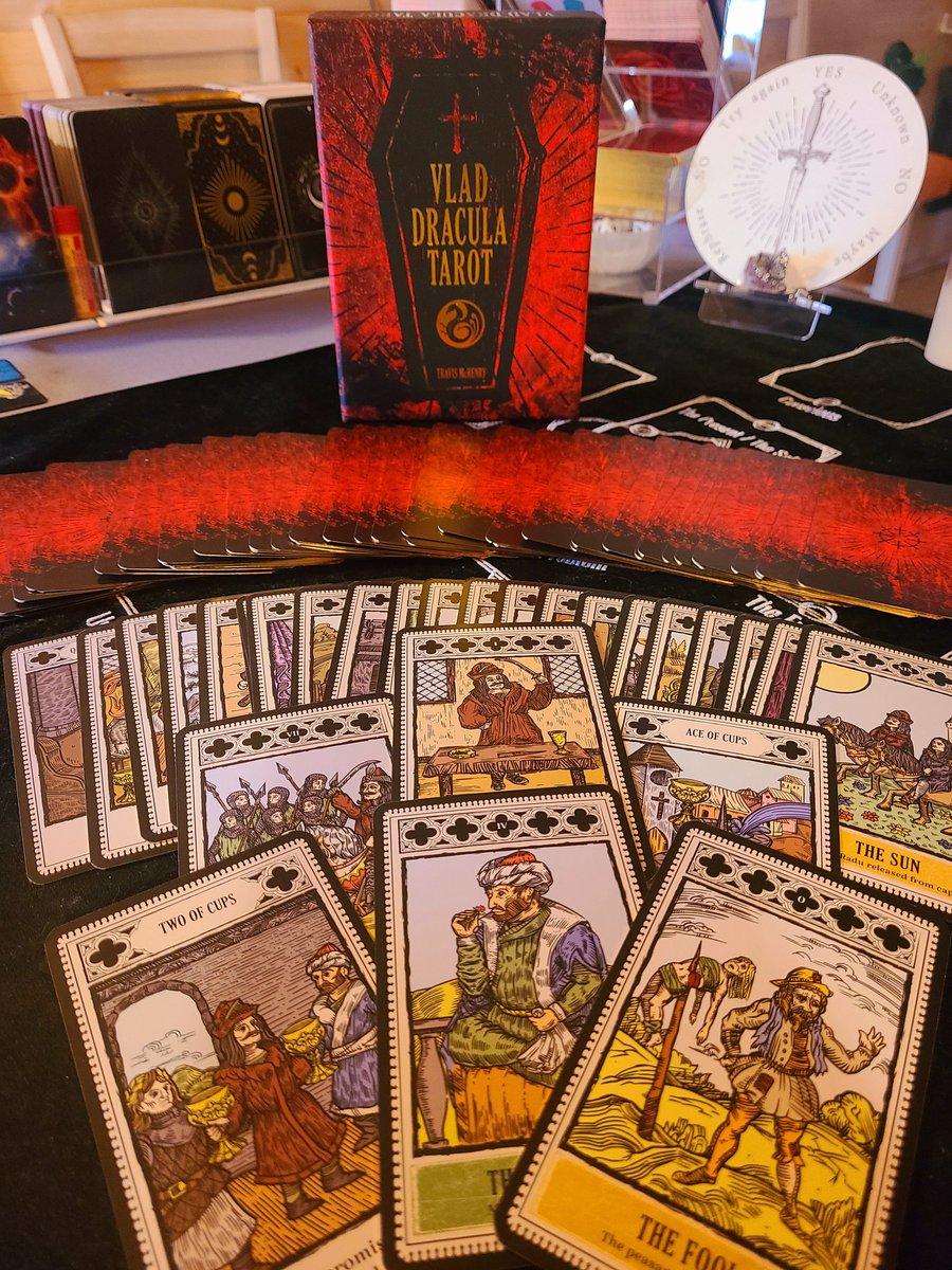 timelinetarot's tweet photo. As someone of #Romanian #heritage, I'm absolutely loving my new #Vlad #Dracula #tarot deck by Travis McHenry. From the #factual and #divinatory text to the depictions and cardstock, it's truly a #workofart. Can't wait to create an entirely new tarot spread with them! 🎴✨️❤️ https://t.co/fw0fPsibOM
