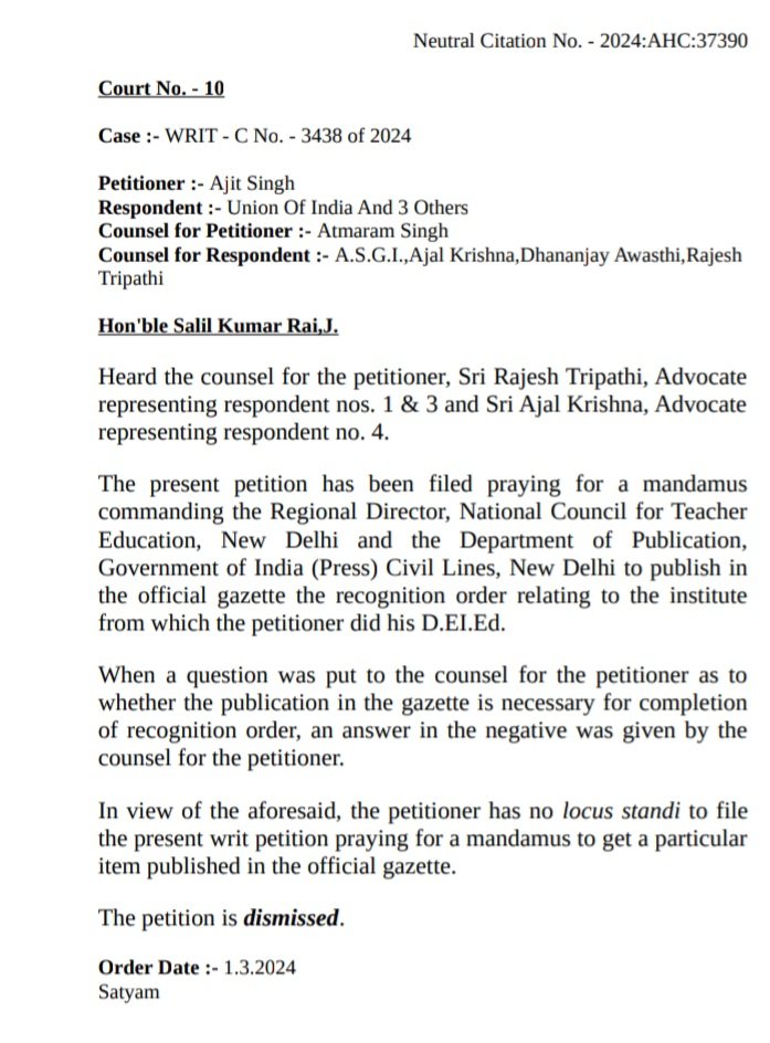#niosDElEd गजट केस को इलाहाबाद High Court ने Dismis कर दिया।
Petitioners ने यथासम्भव प्रयास किया, लेकिन परिणाम विपरित आया।