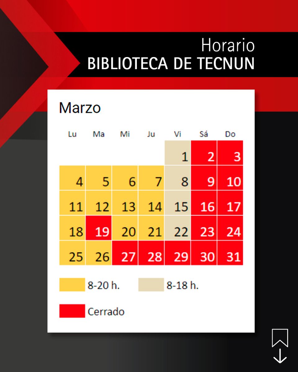 🗓️Consulta el horario de la Biblioteca de @tecnun, durante el mes de marzo.