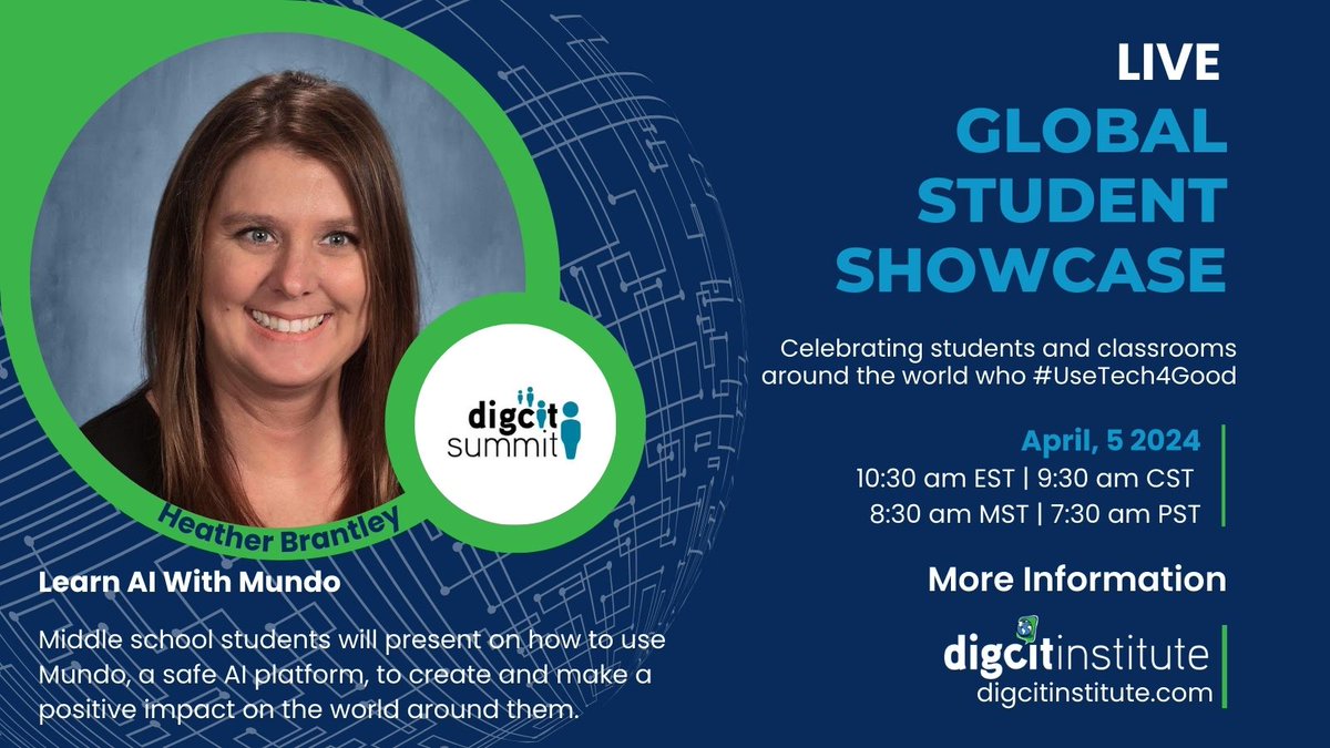 DAY 1️⃣ 🗓️4/5 ⏰10:30 am EST We kick off the #GlobalStudentShowcase event with @HeatherTechEdu's students as they share how they use @LearnWithMundo #DigCitAI #AIforGood #AIforEDU #LearnWithMundo #AI #GenAI #UseTech4Good 🔗 Register: forms.gle/Fz9qv9ES1X2bPh… #DigCitSummit