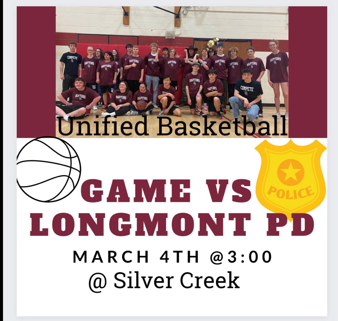 Carrie Adams (@silvercreekla) on Twitter photo Monday afternoon at SCHS! Our Unified Basketball Team take on Longmont PD. Post game snacks by Emergency Mini Treats food truck with their awesome donuts! SCLA seniors Eli & Zack’s Capstone Project event is free & open to the public. <a href="/SilverCreek_HS/">Silver Creek High School</a> <a href="/svvsd/">St. Vrain Valley Schools</a> <a href="/LongmontPS/">Longmont Fire/Police</a> #Unified Monday afternoon at SCHS! Our Unified Basketball Team take on Longmont PD. Post game snacks by Emergency Mini Treats food truck with their awesome donuts! SCLA seniors Eli & Zack’s Capstone Project event is free & open to the public. <a href="/SilverCreek_HS/">Silver Creek High School</a> <a href="/svvsd/">St. Vrain Valley Schools</a> <a href="/LongmontPS/">Longmont Fire/Police</a> #Unified