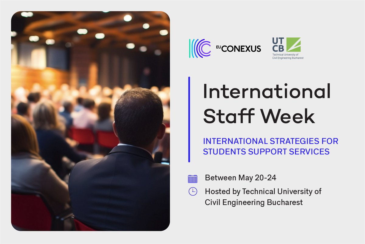 EU-CONEXUS (@eu_conexus) on Twitter photo 🇷🇴🌍 International Staff Week with a focus on ‘International Strategies for Student Support Services’, 📆20th to 24th May 2024 organised by <a href="/UTCB_RO/">Universitatea Tehnică de Construcții București</a>
Register befor 31st of March: lnkd.in/dHzw2F5h 🇷🇴🌍 International Staff Week with a focus on ‘International Strategies for Student Support Services’, 📆20th to 24th May 2024 organised by <a href="/UTCB_RO/">Universitatea Tehnică de Construcții București</a>
Register befor 31st of March: lnkd.in/dHzw2F5h