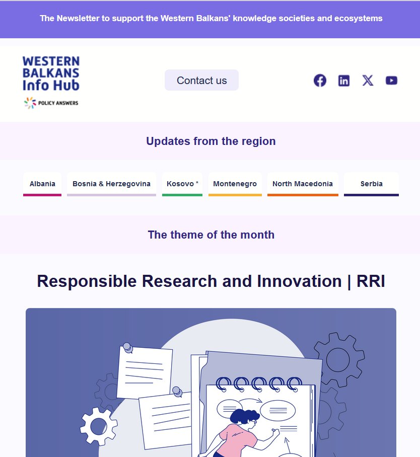 WBInfoHub's tweet photo. Thrilled to announce the latest #WBInfoHub newsletter dedicated to #RRI in the Western Balkans.
But that's not all β this issue debuts our brand new layout!
Find our RRI collection on the new WB Info Hub here: https://t.co/PsbGf2lWMz
#WesternBalkans https://t.co/Lya3o3ic31