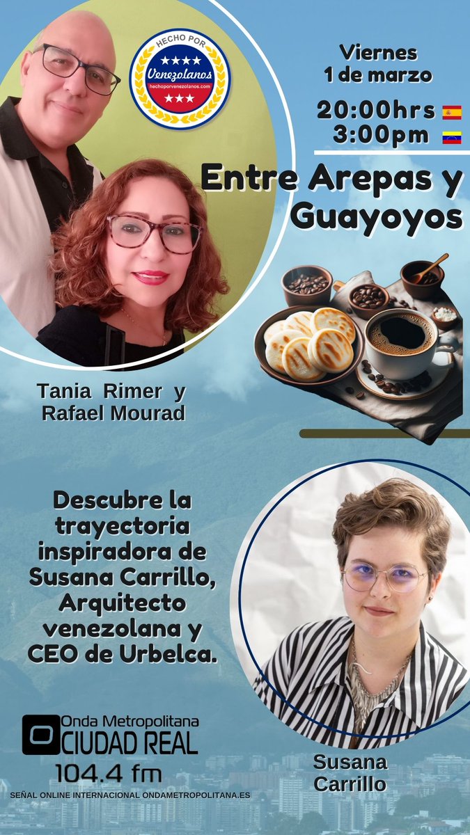 📻¡Sintoniza Entre Arepas y Guayoyos hoy por <a href="/Ondametro/">Onda Metropolitana 104.4 fm</a> 104.4 FM! donde conversaremos con Susana Carrillo de URBELCA 🏗️además, trataremos el autoconocimiento en nuestra sección de Gestión Emocional🧠 #EntreArepasYGuayoyos #EmprendedoresVenezolanos #HechoPorVenezolanos