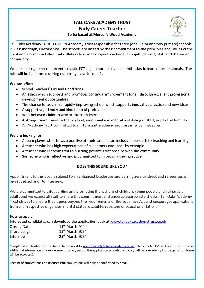 Please see below link to our Trust website where you will find full details of an Early Career Teacher vacancy.

talloakstrust.eschools.co.uk/web/early_care…

If you have any questions please feel free to contact us.