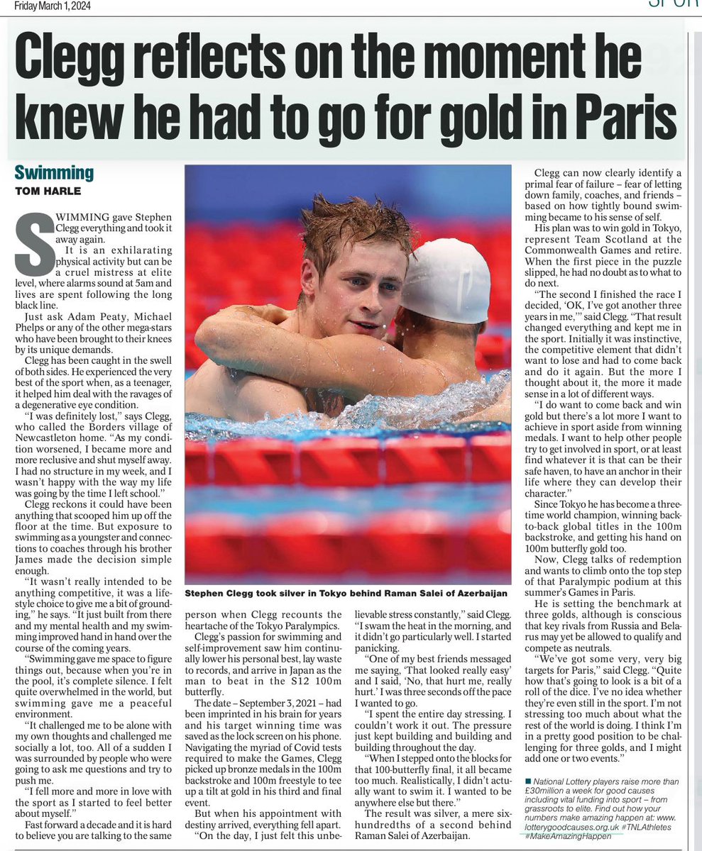 Always great to chat to @stephenclegg95 on his remarkable journey in Paralympic sport... All over @Herald_Sport_ today, powered by @LottoGoodCauses 💪