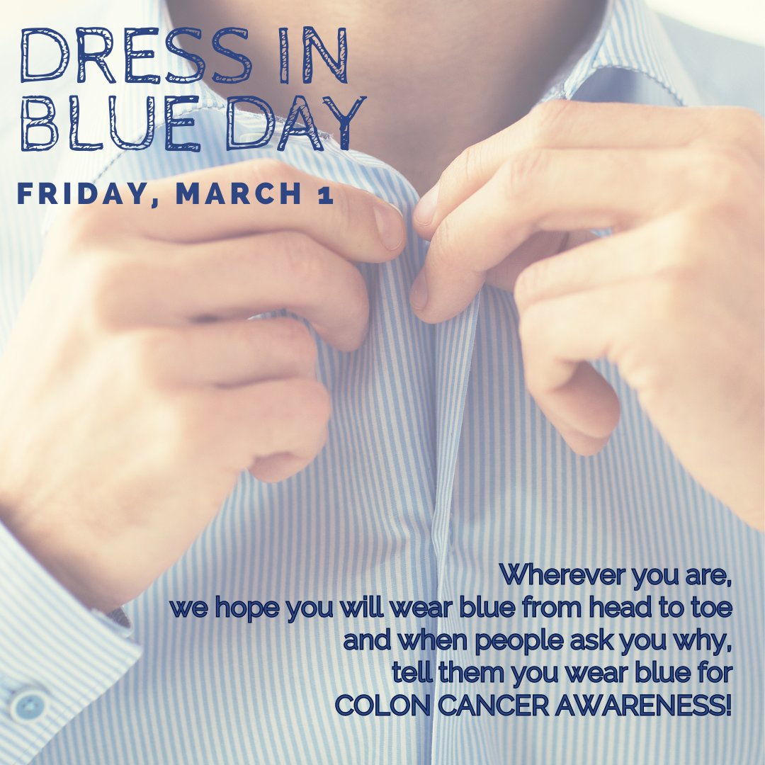 Happy Dress in Blue Day. Celebrate with us from near or far! Use your blue to help share the message; on-time screening prevents colon cancer and saves lives! #DressInBlue #ColonCancer #ColonCancerAwarenessMonth #KickingButt #ButtSeriouslyGetScreened #BottomsUpBash