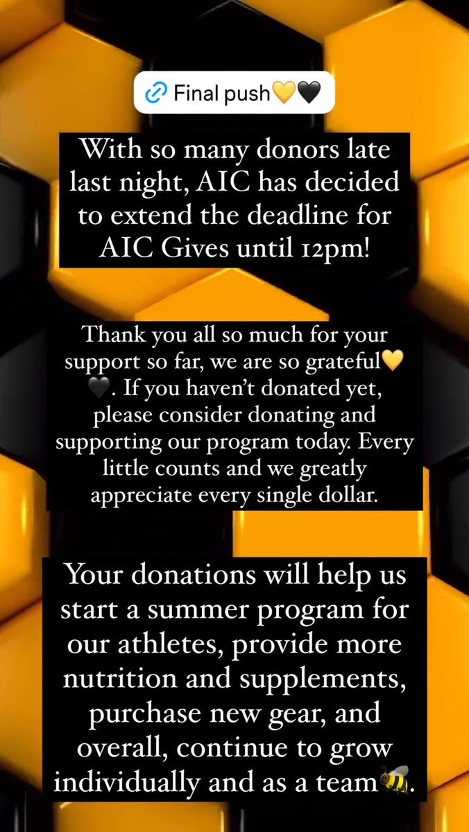 🚨Breaking News🚨: The AIC Gives deadline has been extended until 12pm! We cannot thank you enough for your support so far. If you have not yet donated, please consider supporting our program today. Just over 3 hours left, let’s make this extended deadline count!💛🖤