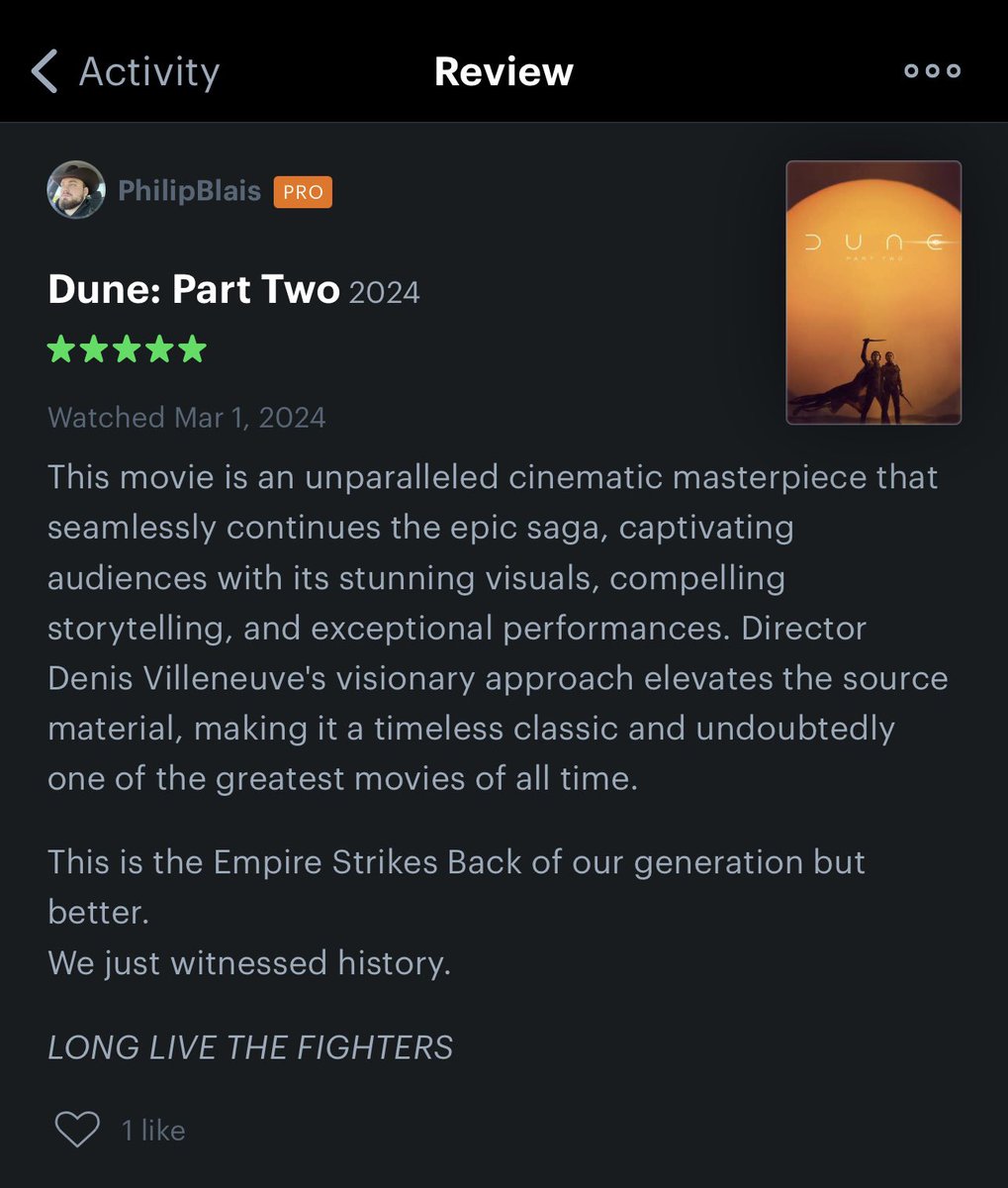 Go see Dune: Part 2. Trust me
<a href="/letterboxd/">Letterboxd</a>